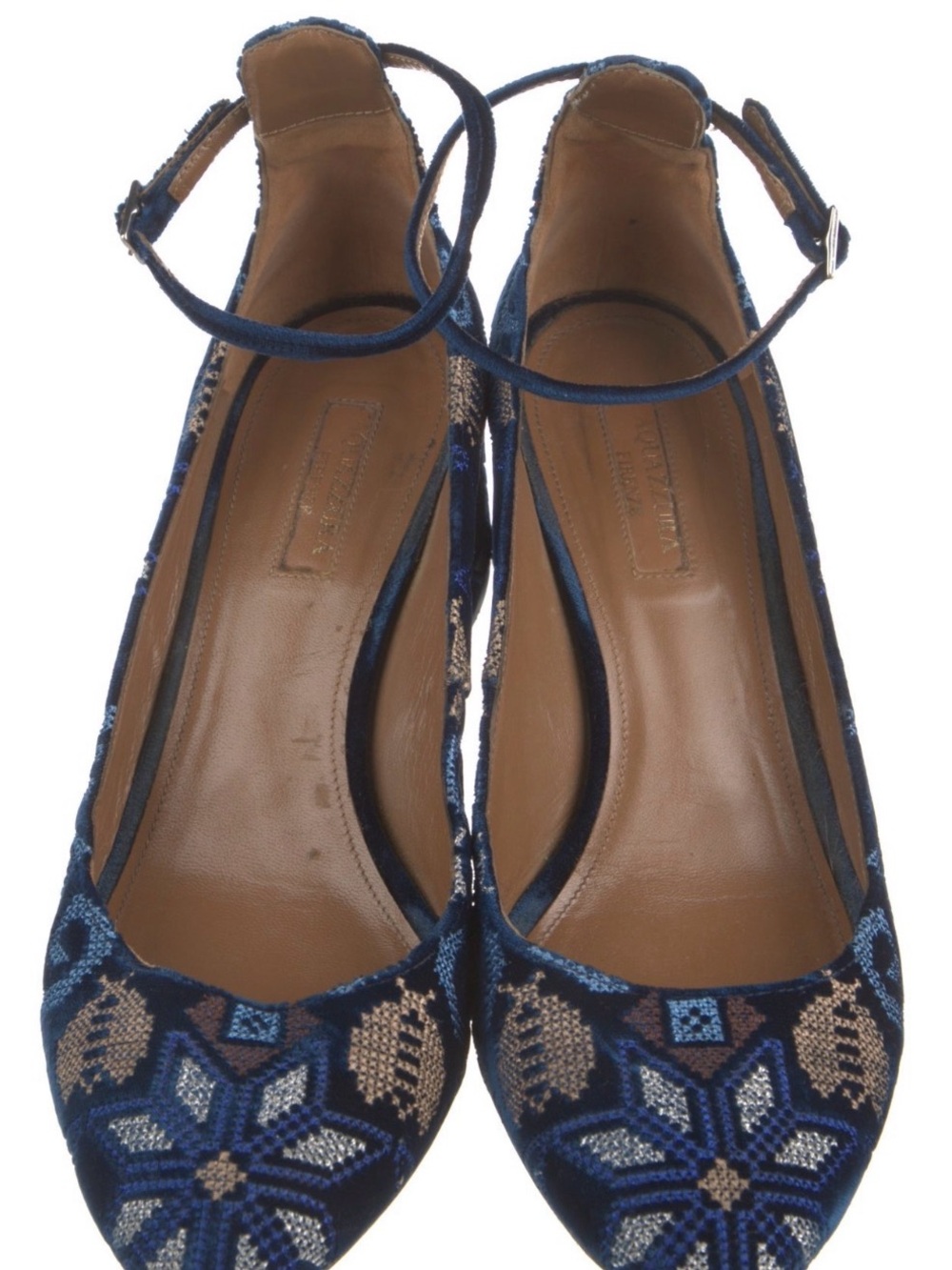 Aquazzura Navy Embroidered Ankle-Strap Pointed Flats